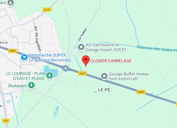 Closier Carrelage Le LOROUX-BECONNAIS : Carte et accès D963 Carte routière centrée sur CLOSIER CARRELAGE près du D963, avec Intermarché SUPER, AD Carrosserie, et Le Louroux-Beconnais.